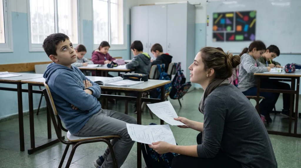 ילד בן 10 יושב בכיתה בזרועות שלובות ומגלגל עיניים, ומורה צעירה כורעת לידו ומציעה לו לבחור בין שני דפי עבודה