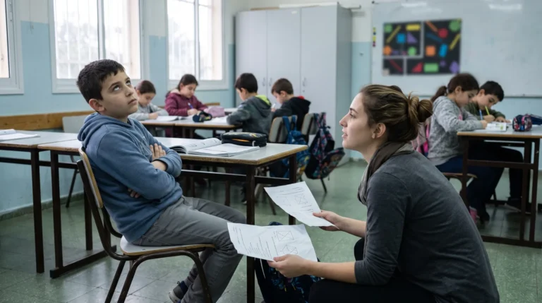 ילד בן 10 יושב בכיתה בזרועות שלובות ומגלגל עיניים, ומורה צעירה כורעת לידו ומציעה לו לבחור בין שני דפי עבודה